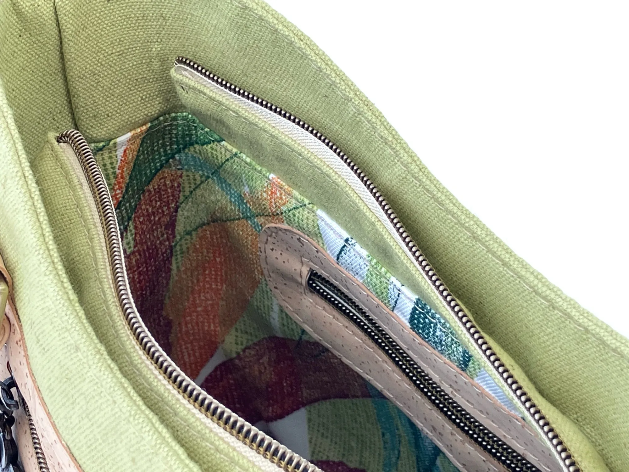 Mangrove Green Canvas and Cork Structured Handbag with Zipper Closure