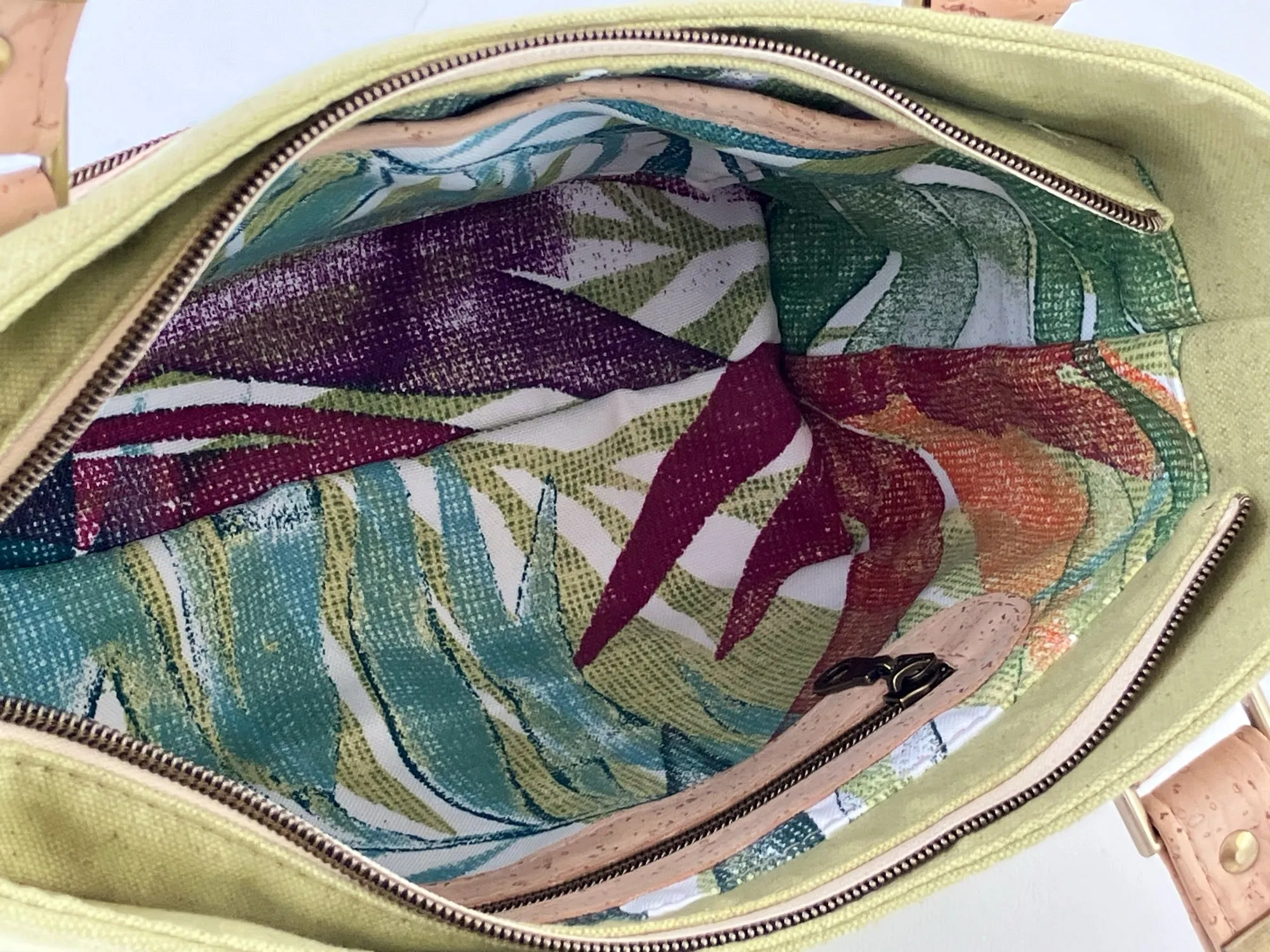 Mangrove Green Canvas and Cork Structured Handbag with Zipper Closure