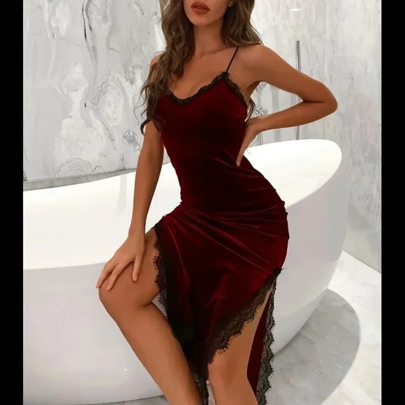 Maroon Red Velvet Lace Trim Night Gown Dress