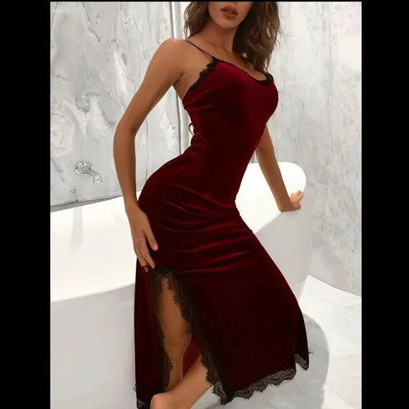 Maroon Red Velvet Lace Trim Night Gown Dress