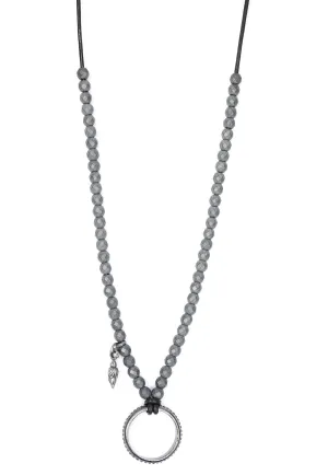 Matt Hematite and Leather EyeRing Necklace