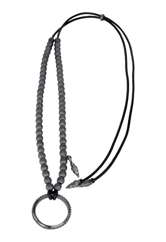 Matt Hematite and Leather EyeRing Necklace