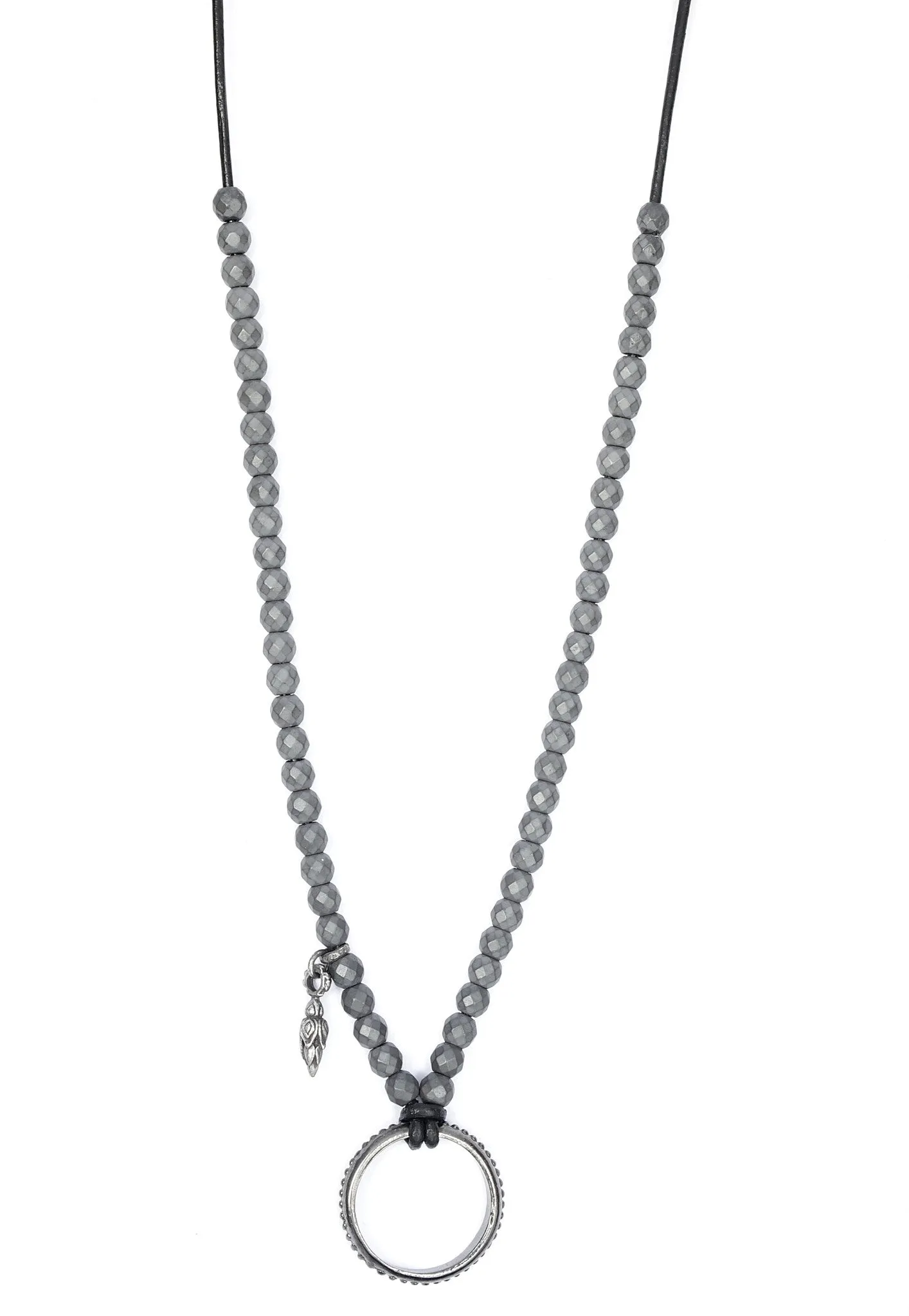 Matt Hematite and Leather EyeRing Necklace
