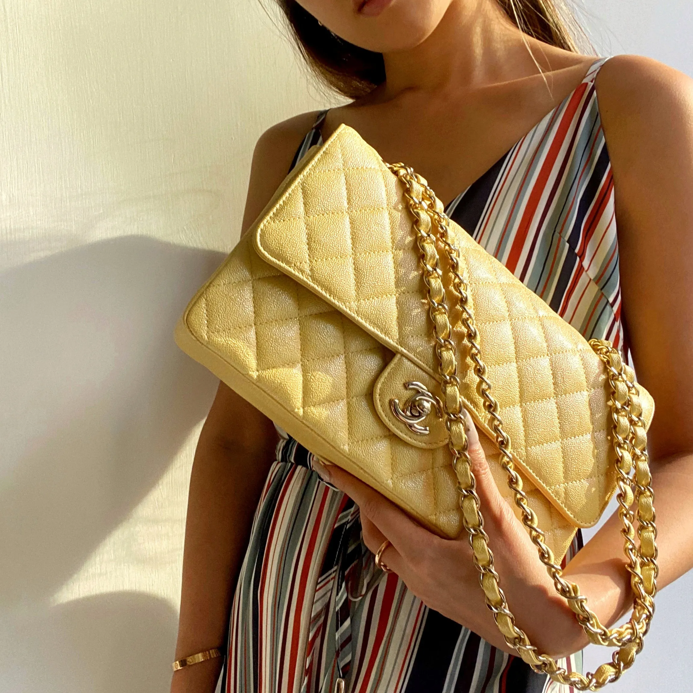 Medium Classic Double Flap Bag in 19S Iridescent Yellow Caviar