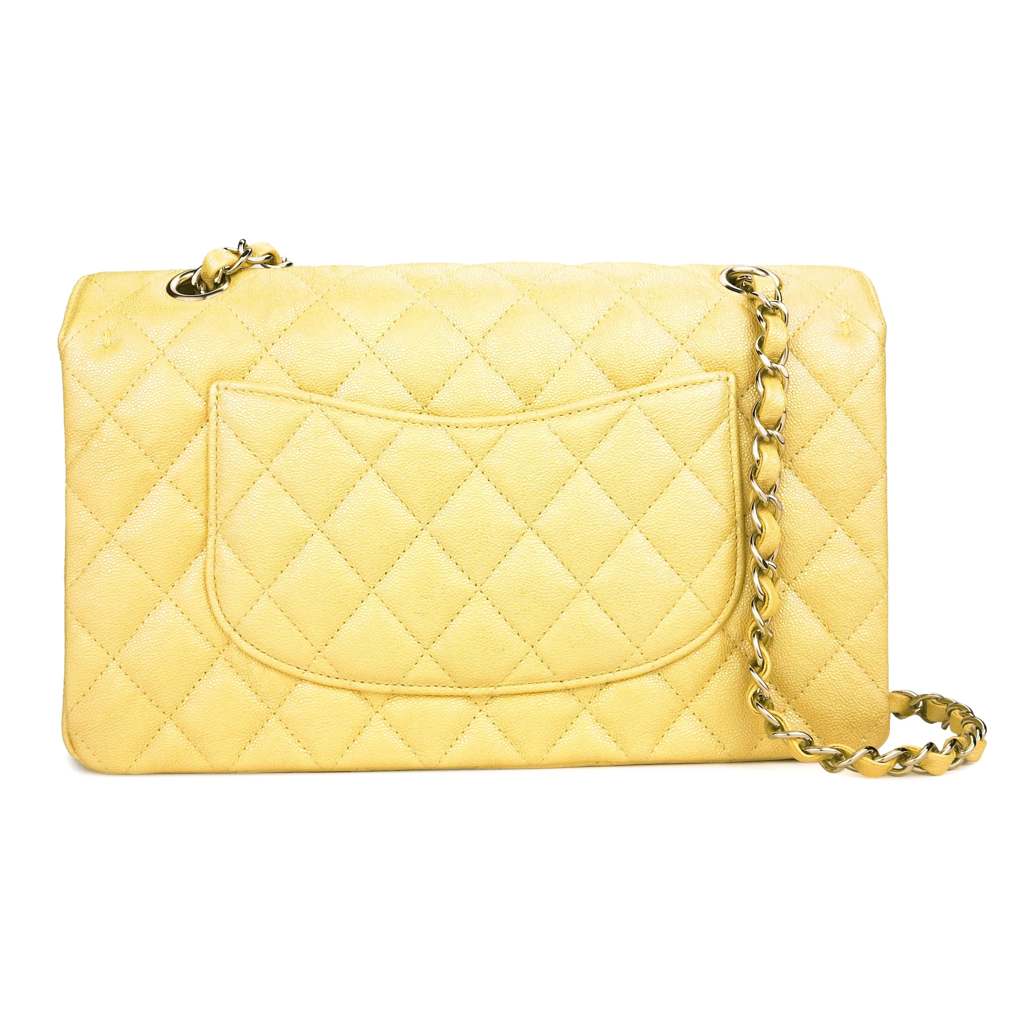 Medium Classic Double Flap Bag in 19S Iridescent Yellow Caviar