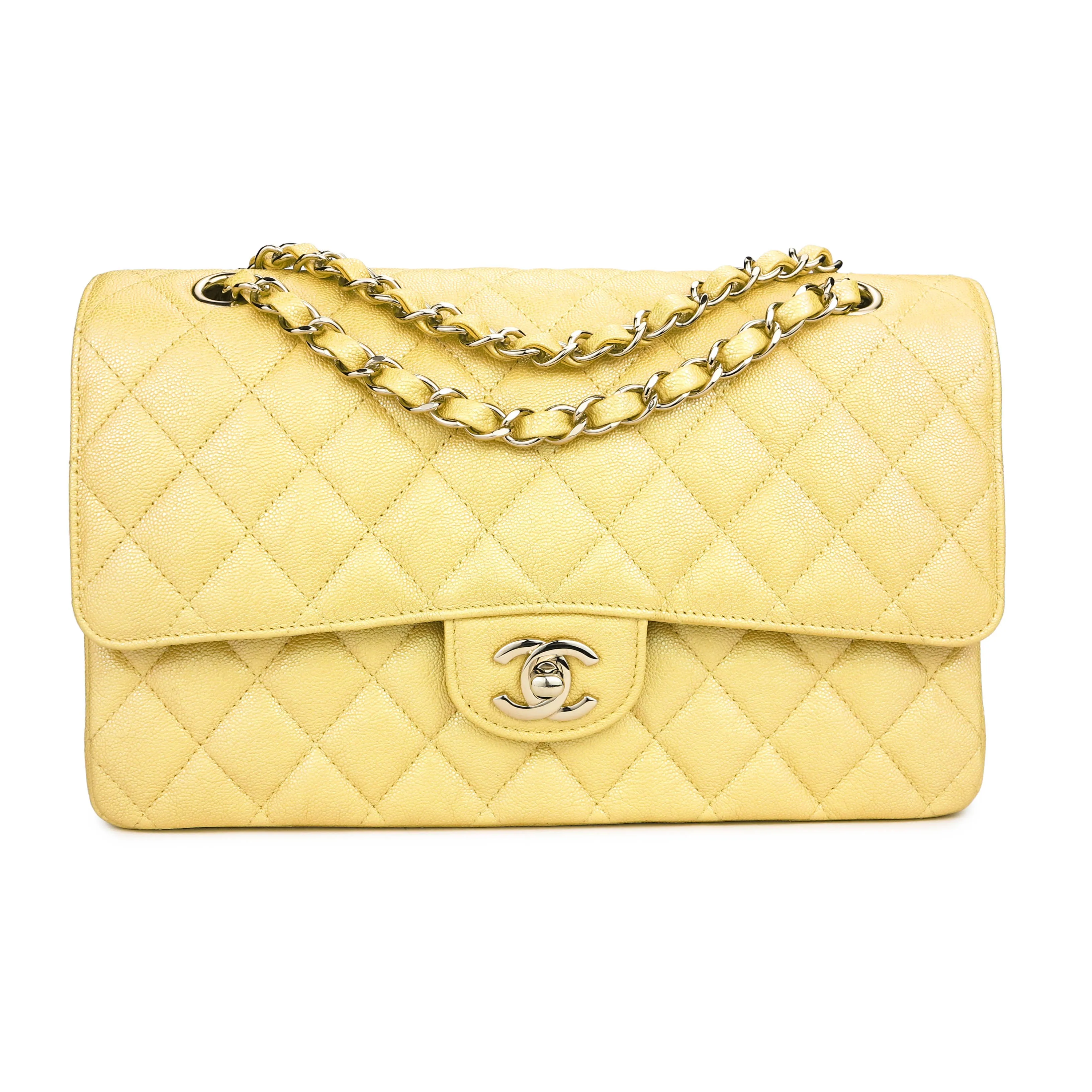 Medium Classic Double Flap Bag in 19S Iridescent Yellow Caviar