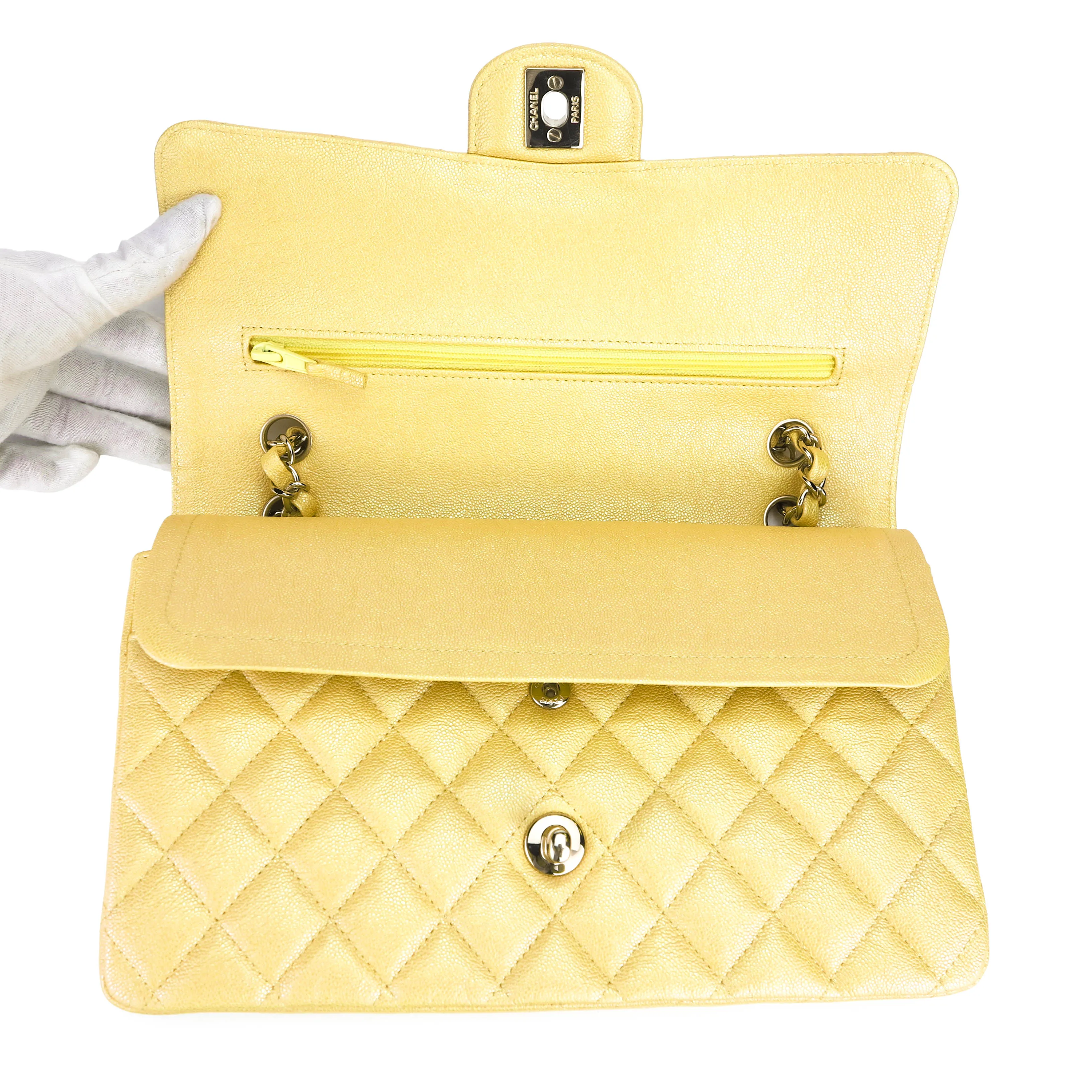 Medium Classic Double Flap Bag in 19S Iridescent Yellow Caviar