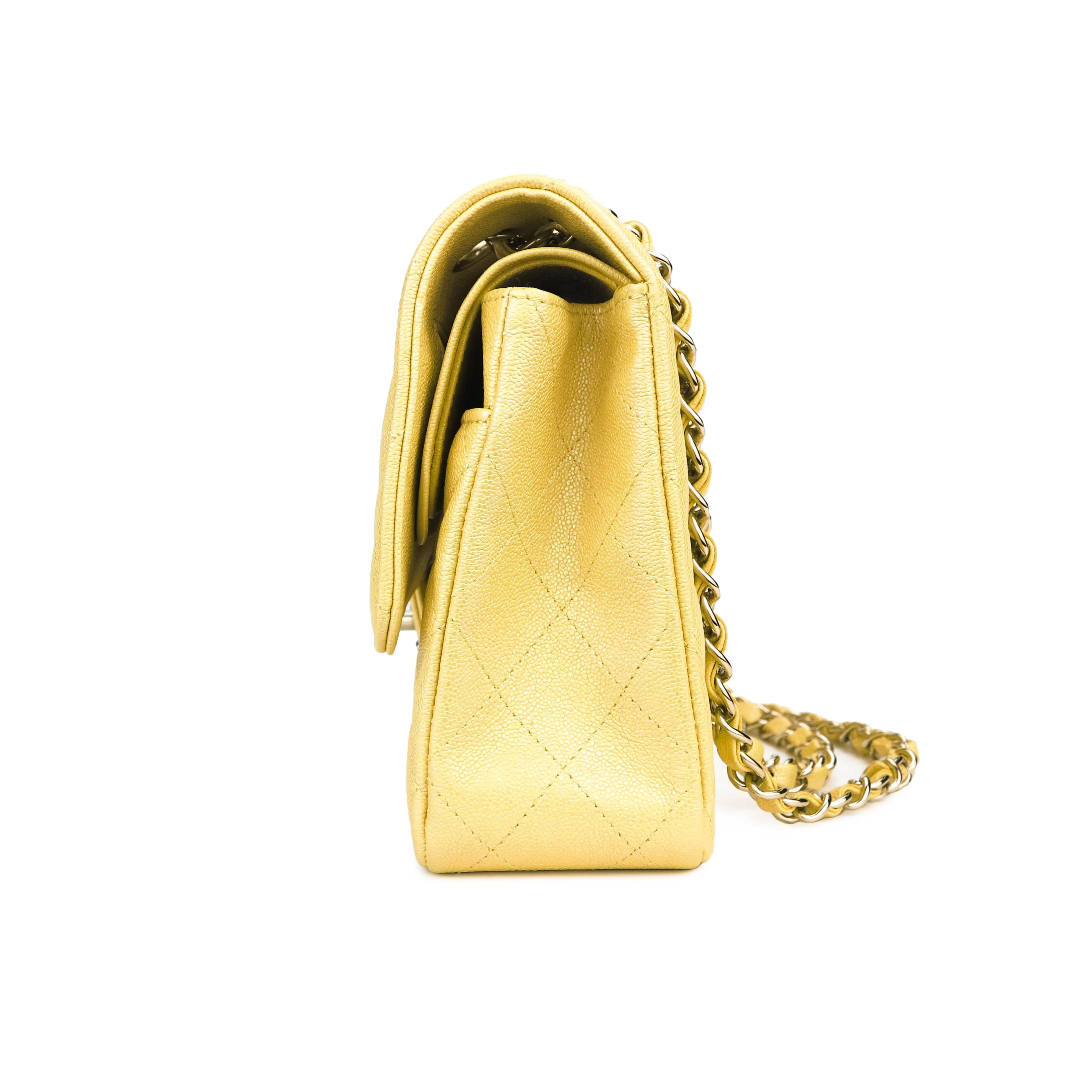 Medium Classic Double Flap Bag in 19S Iridescent Yellow Caviar