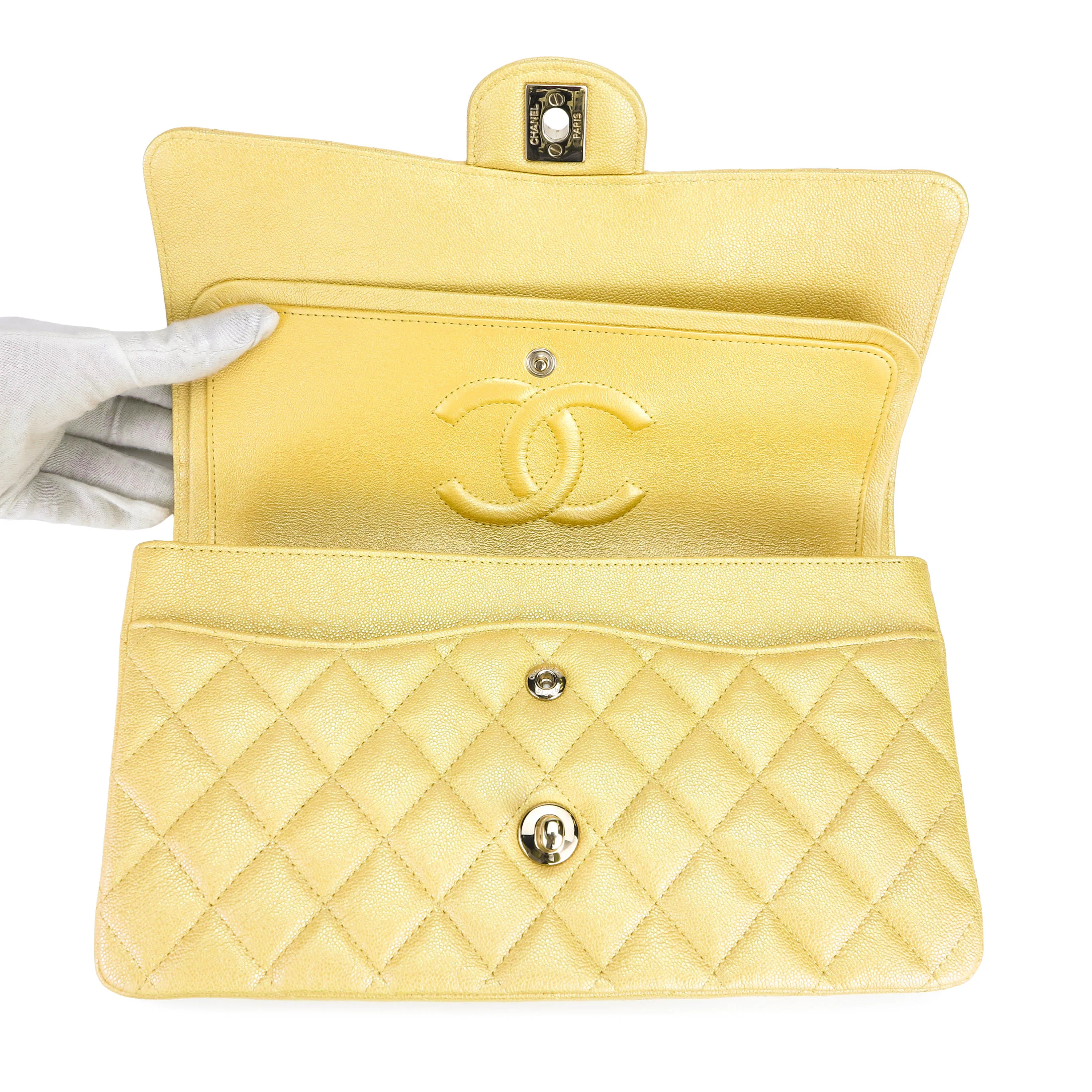 Medium Classic Double Flap Bag in 19S Iridescent Yellow Caviar