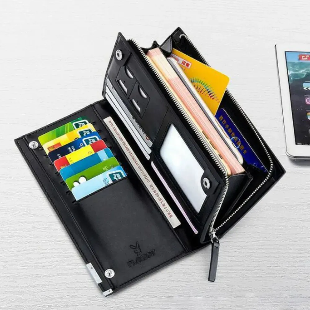 Men's PU Leather Long Wallet with Zipper & Card Slots
