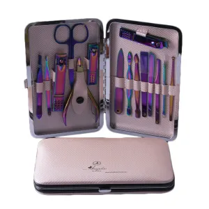 Metallic Pink Mens Manicure Pedicure Kit - 15 piece Grooming Kit with travel Case