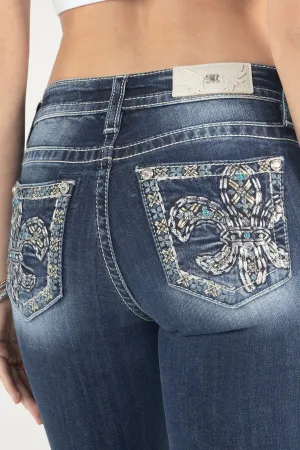 Metallic Turquoise Fleur De Lis Bootcut Jeans