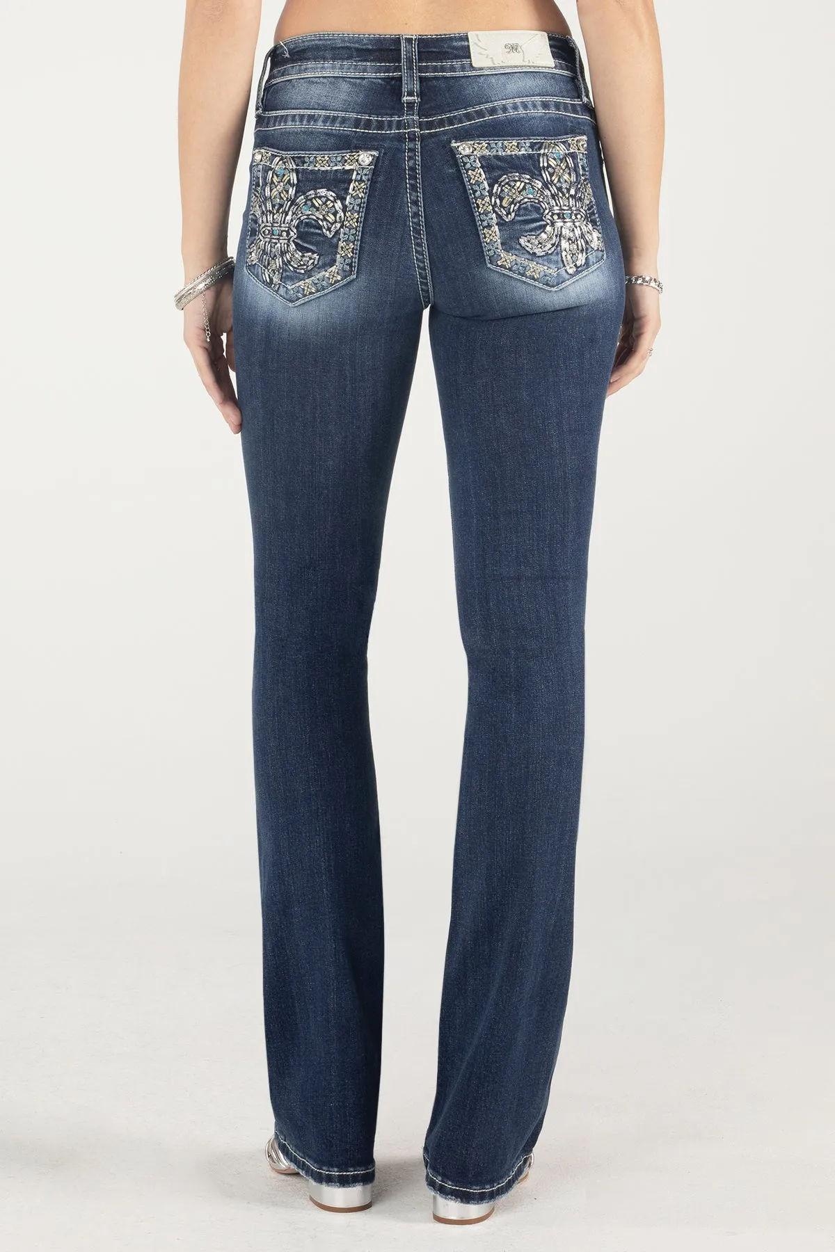 Metallic Turquoise Fleur De Lis Bootcut Jeans