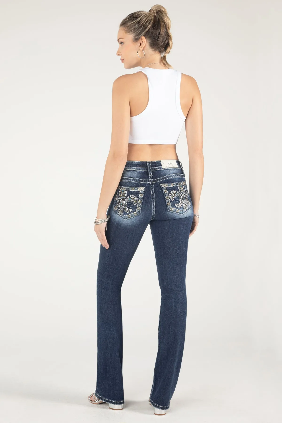 Metallic Turquoise Fleur De Lis Bootcut Jeans