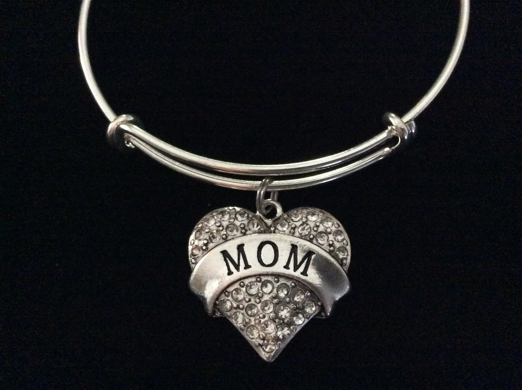 Mom Crystal Heart Expandable Charm Bracelet Adjustable Wire Bangle Gift Trendy Fun Unique Mothers Gift