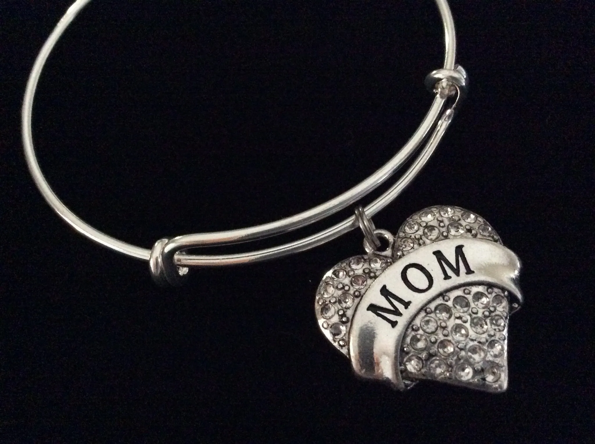 Mom Crystal Heart Expandable Charm Bracelet Adjustable Wire Bangle Gift Trendy Fun Unique Mothers Gift