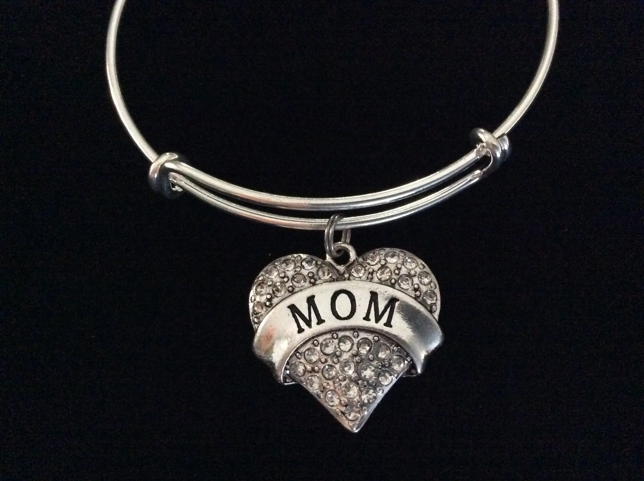 Mom Crystal Heart Expandable Charm Bracelet Adjustable Wire Bangle Gift Trendy Fun Unique Mothers Gift