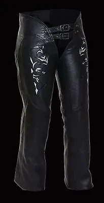 MOTORYCLE WOMEN BLK VERY SOFT LEATHER CHAP W/REFLECTIVE TRIBAL EMBRIODERY