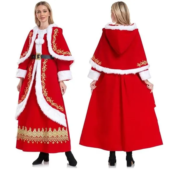 Mrs Claus Red White &amp; Gold Dress &amp; Hooded Cape &amp; Belt Costume Santa Suit Large L