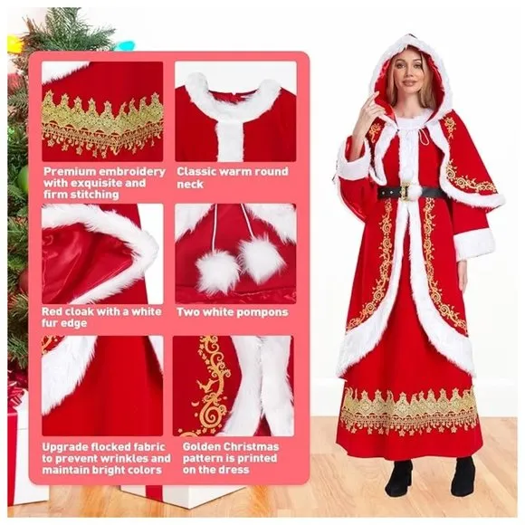 Mrs Claus Red White &amp; Gold Dress &amp; Hooded Cape &amp; Belt Costume Santa Suit Large L