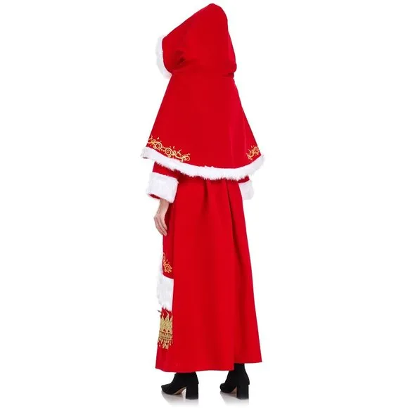 Mrs Claus Red White &amp; Gold Dress &amp; Hooded Cape &amp; Belt Costume Santa Suit Large L