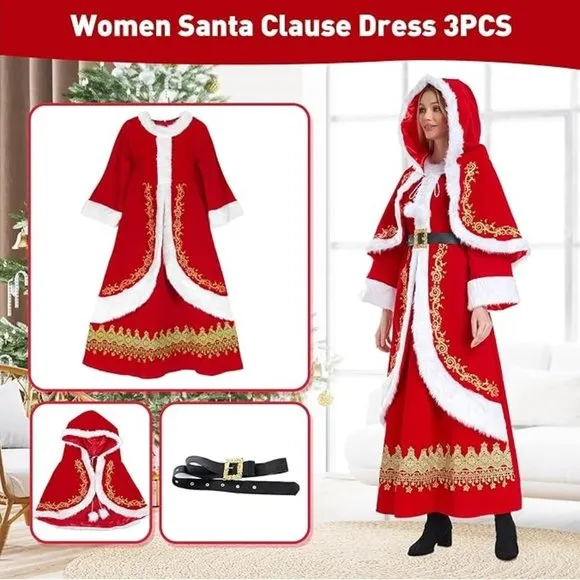 Mrs Claus Red White &amp; Gold Dress &amp; Hooded Cape &amp; Belt Costume Santa Suit Large L