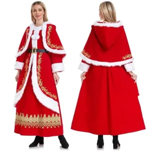 Mrs Claus Red White &amp; Gold Dress &amp; Hooded Cape &amp; Belt Costume Santa Suit Large L