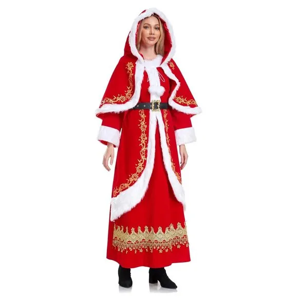 Mrs Claus Red White &amp; Gold Dress &amp; Hooded Cape &amp; Belt Costume Santa Suit Large L