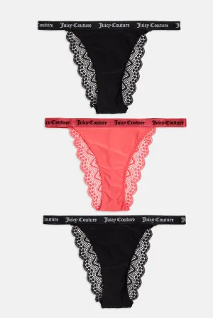 MULTI PACK OF 3 LACE TRIM TANGA THONGS