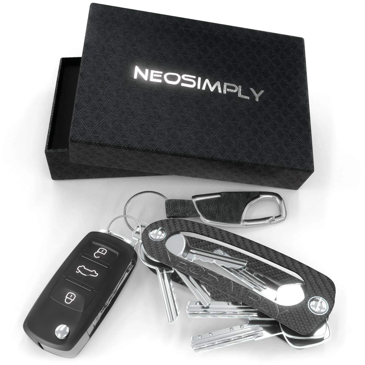Neosimply - the Ultimate Keychain - Smart Compact Keyring Holder - Key Holder Organizer - Best Minimalist Gadget Tool - Perfect For Anyone With  Keys - Carbon Fiber - Leather Keychain For Car Key