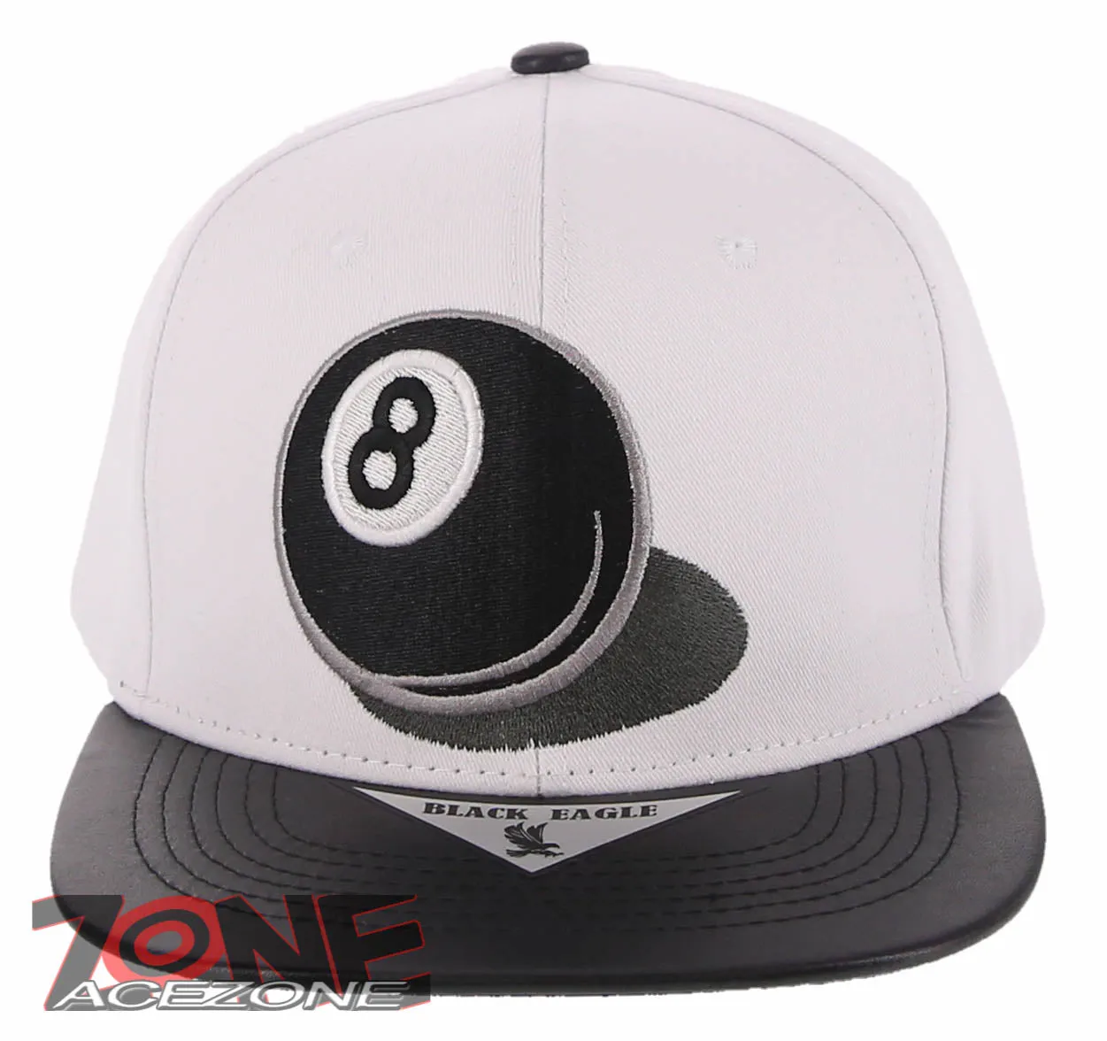 NEW! 8 BALL BLACK FAUX LEATHER VISOR FLAT BILL SNAPBACK BASEBALL CAP HAT WHITE