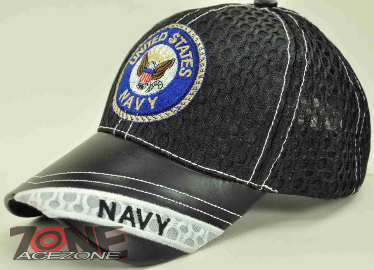 NEW! MESH W/LEATHER US NAVY ROUND NAVY CAP HAT BLACK