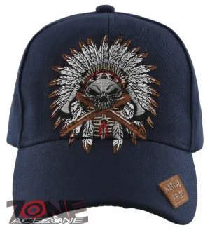 NEW! NATIVE PRIDE HONOR AXE CHIEF SKULL HEAD BASEBALL CAP HAT NAVY