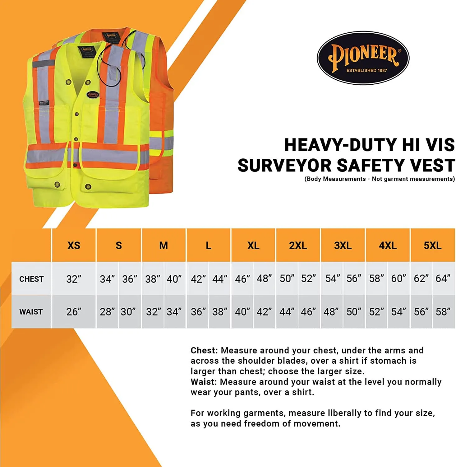 New Pioneer Heavy-Duty Hi Vis Surveyor Safety Vest, 12 Pockets, Radio Strap, Orange, Sz M
