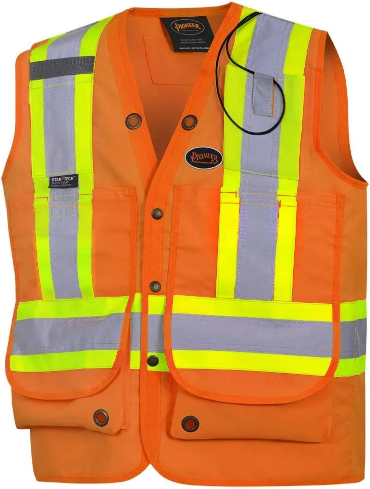 New Pioneer Heavy-Duty Hi Vis Surveyor Safety Vest, 12 Pockets, Radio Strap, Orange, Sz M