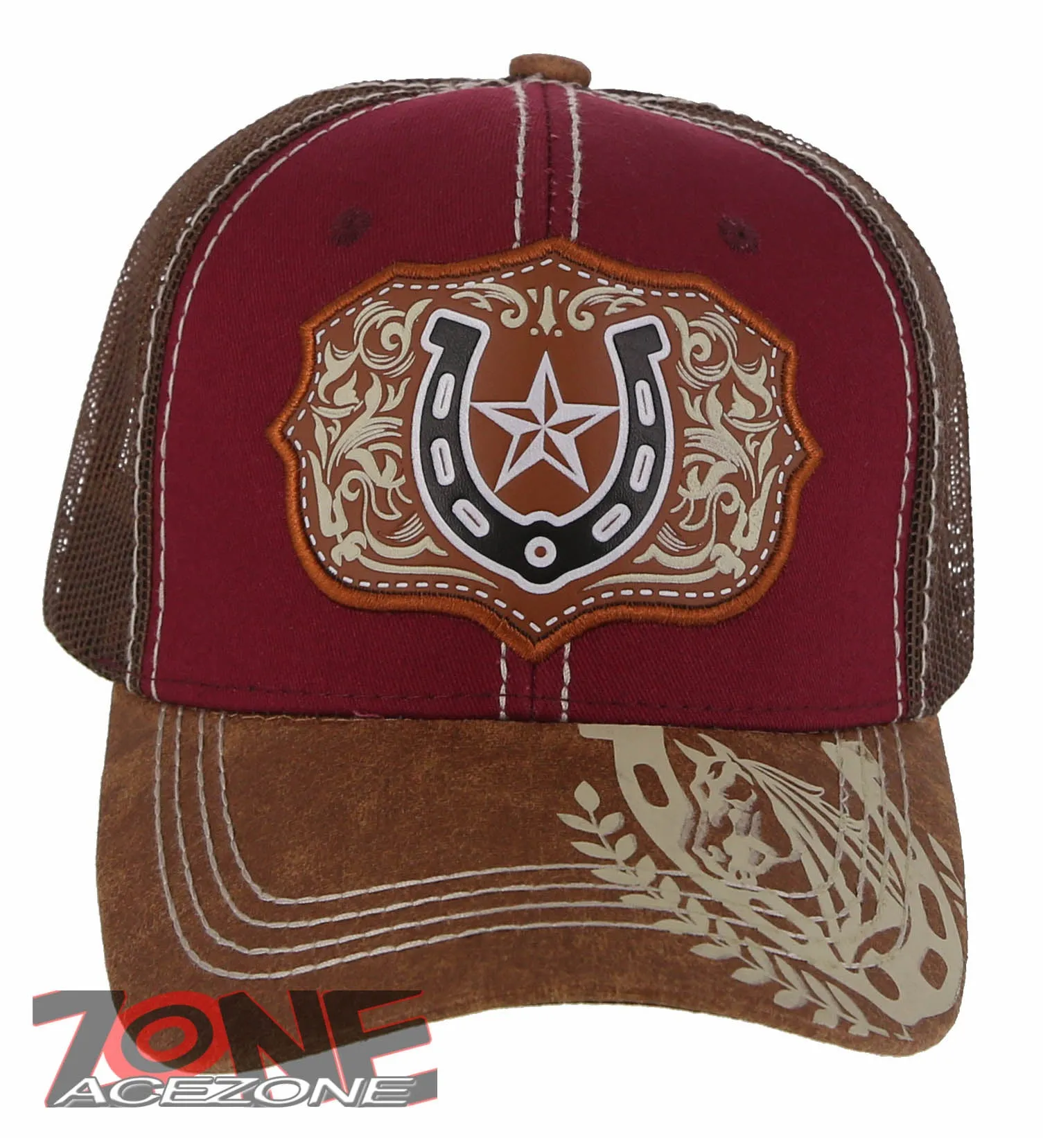NEW! RODEO HORSE SHOE STAR MESH TRUCKER SNAPBACK BASEBALL CAP HAT BURGUNDY