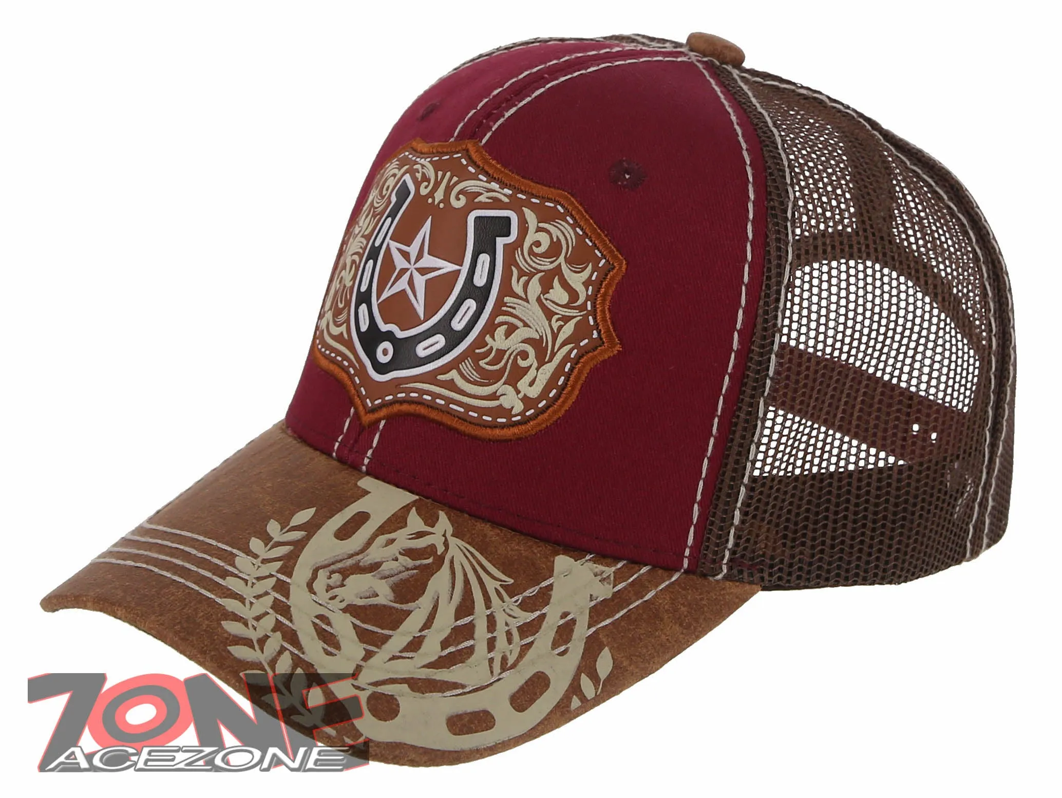 NEW! RODEO HORSE SHOE STAR MESH TRUCKER SNAPBACK BASEBALL CAP HAT BURGUNDY