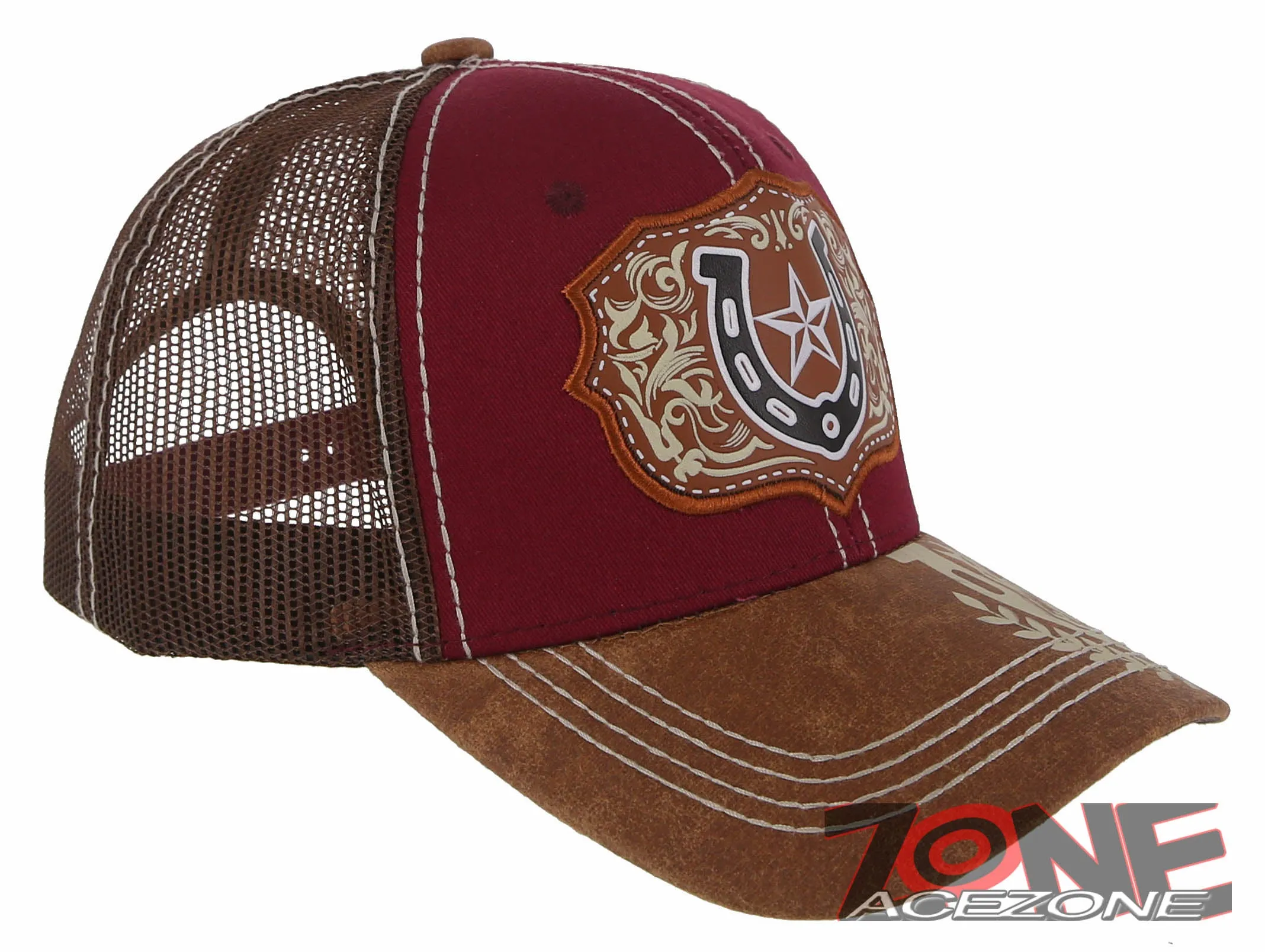 NEW! RODEO HORSE SHOE STAR MESH TRUCKER SNAPBACK BASEBALL CAP HAT BURGUNDY