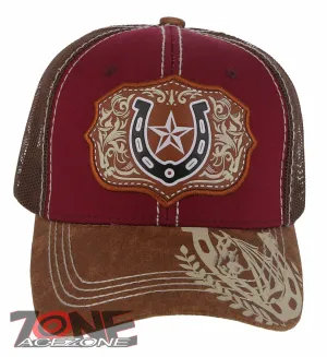 NEW! RODEO HORSE SHOE STAR MESH TRUCKER SNAPBACK BASEBALL CAP HAT BURGUNDY