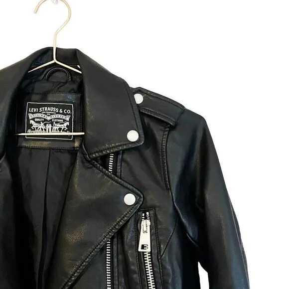 NWT Levi's Black Faux Vegan Leather Motto Silver Hardware Jacket Size XS