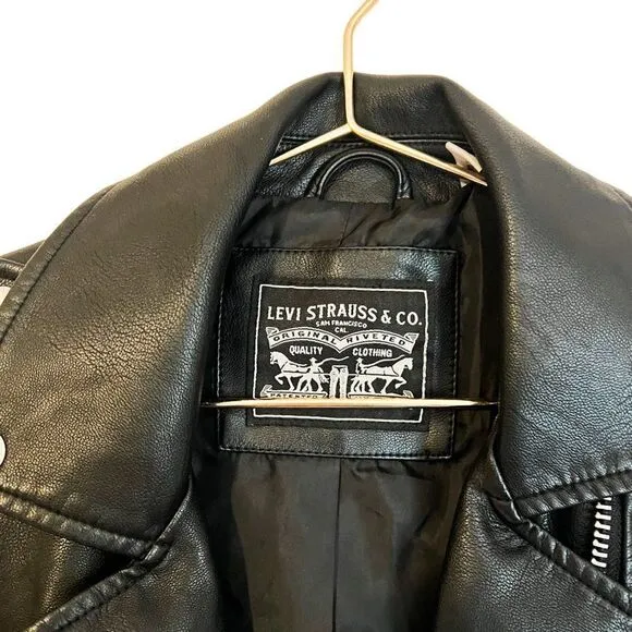 NWT Levi's Black Faux Vegan Leather Motto Silver Hardware Jacket Size XS