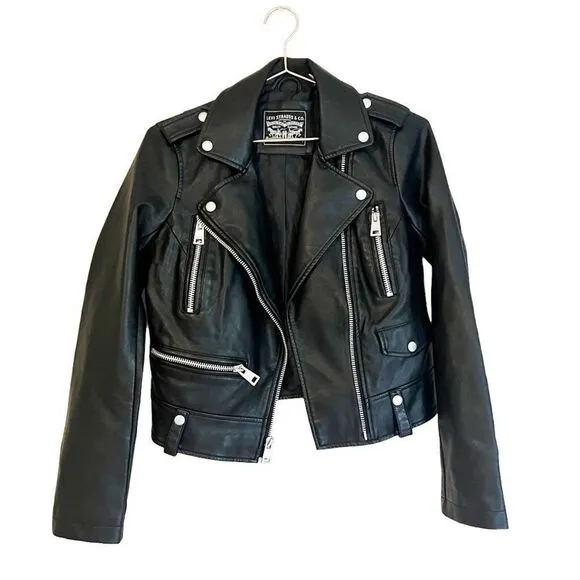 NWT Levi's Black Faux Vegan Leather Motto Silver Hardware Jacket Size XS