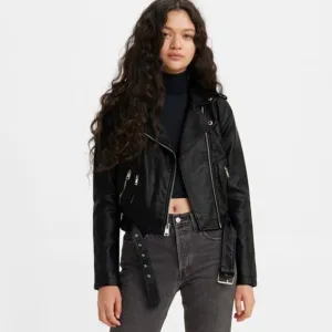 NWT Levi's Black Faux Vegan Leather Motto Silver Hardware Jacket Size XS