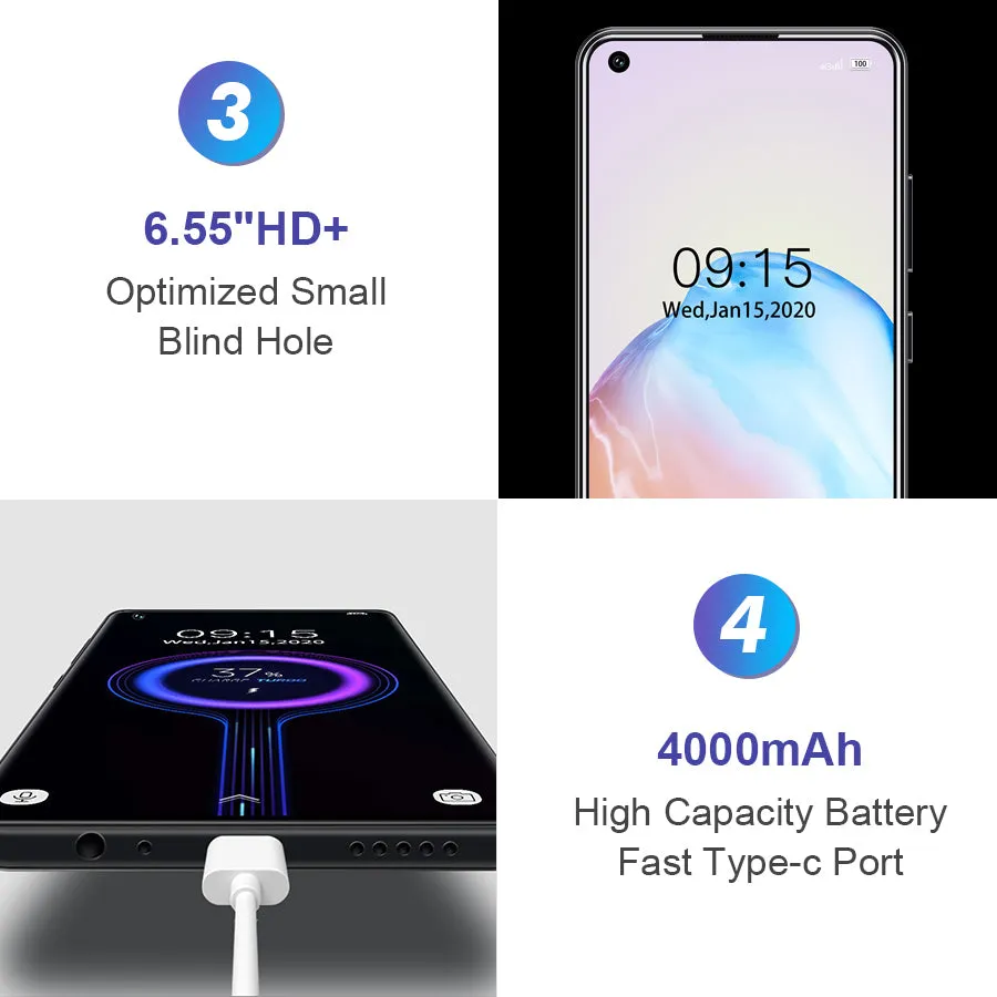 OUKITEL C18 Pro 6.55Inch Android 9.0 MT6757 4GB 64GB 4 Rear Cameras Smartphone 1600*720 4000mAh Octa Core Face ID 4G Mobile Phone black
