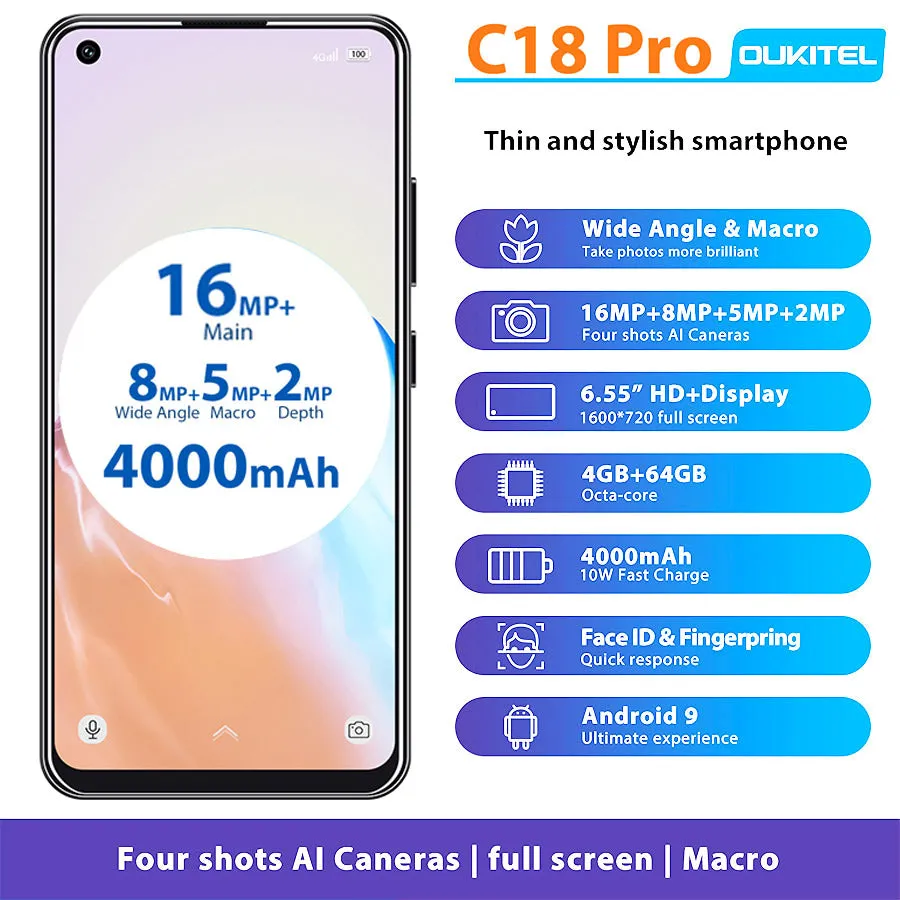 OUKITEL C18 Pro 6.55Inch Android 9.0 MT6757 4GB 64GB 4 Rear Cameras Smartphone 1600*720 4000mAh Octa Core Face ID 4G Mobile Phone black