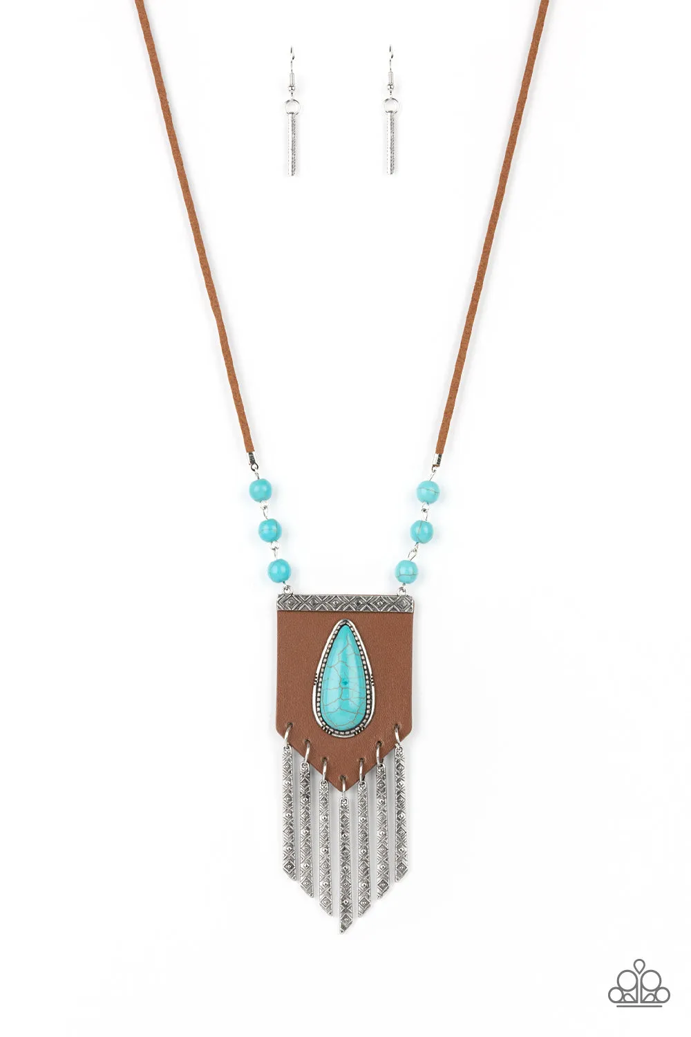 Paparazzi " Enchantingly Tribal " Brown Leather & Blue Crackle Turquoise Necklace Set