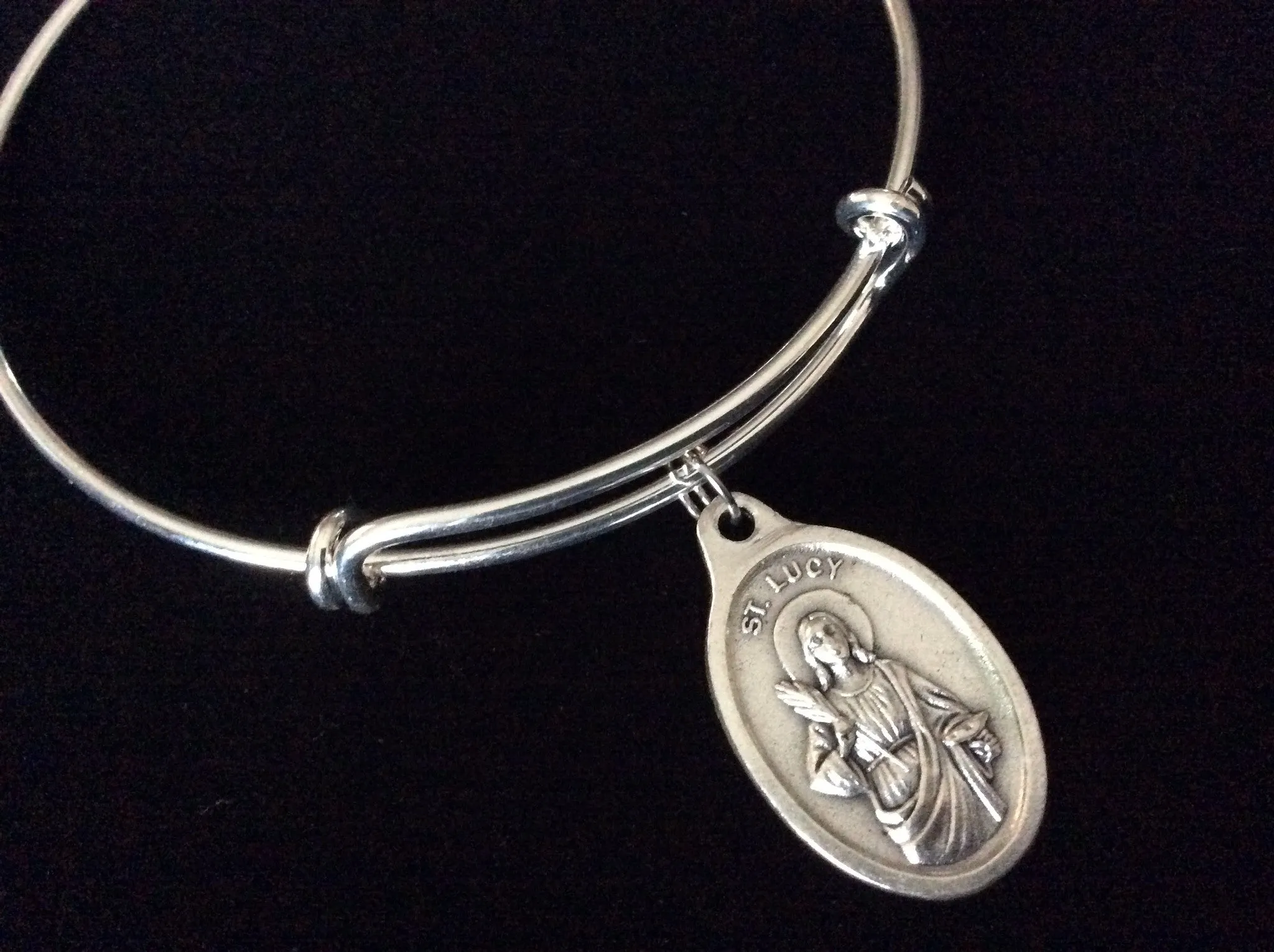Patron Saint of the Blind Saint Lucy Silver Expandable Wire Bangle Double Sided Adjustable Bracelet