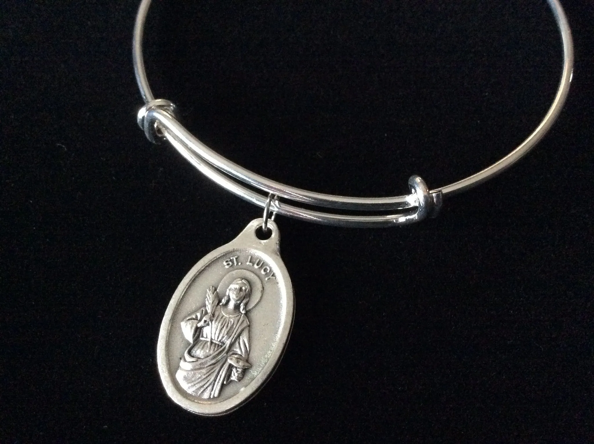 Patron Saint of the Blind Saint Lucy Silver Expandable Wire Bangle Double Sided Adjustable Bracelet