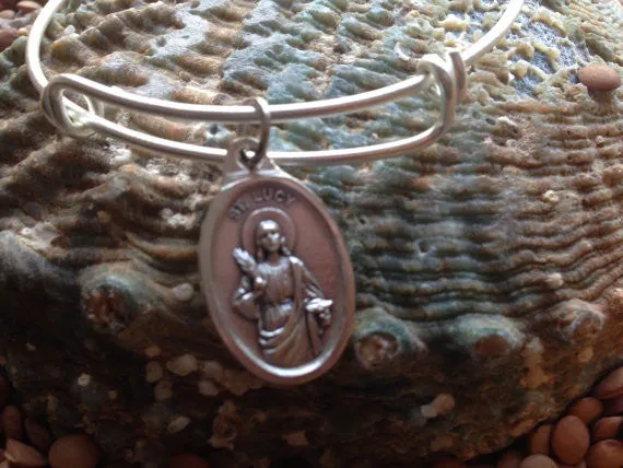 Patron Saint of the Blind Saint Lucy Silver Expandable Wire Bangle Double Sided Adjustable Bracelet