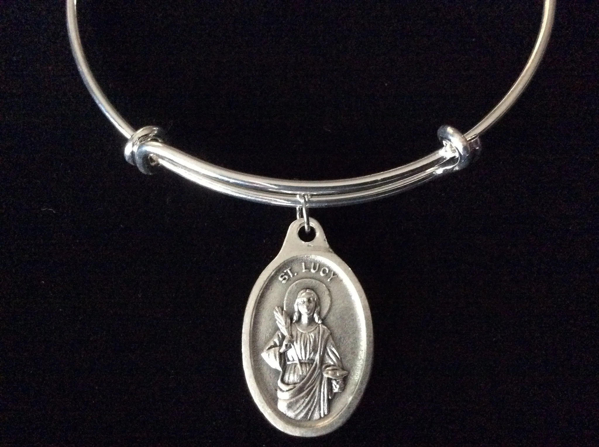 Patron Saint of the Blind Saint Lucy Silver Expandable Wire Bangle Double Sided Adjustable Bracelet